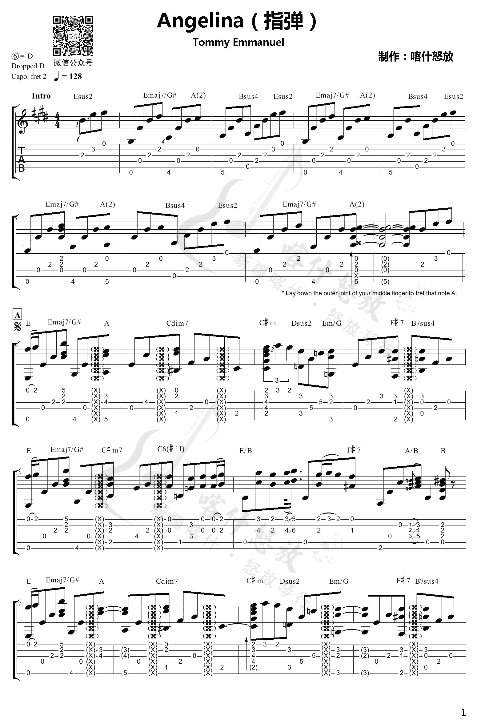 Angelina指弹吉他谱 D调_喀什怒放编配_Tommy Emmanuel1