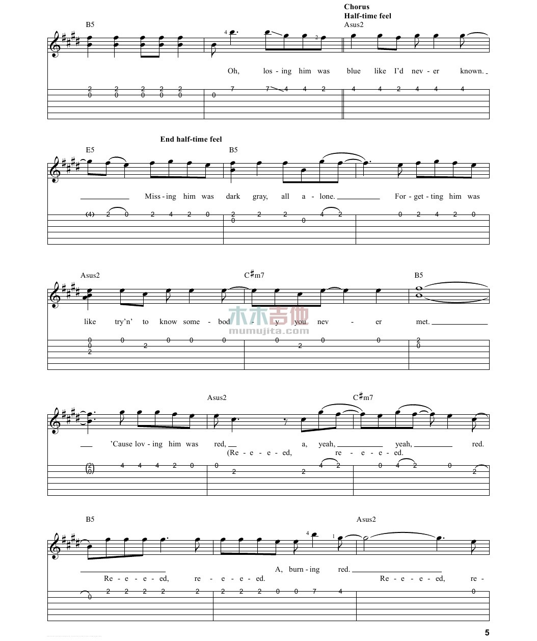 red吉他谱 G调_木木吉他编配_Taylor Swift5