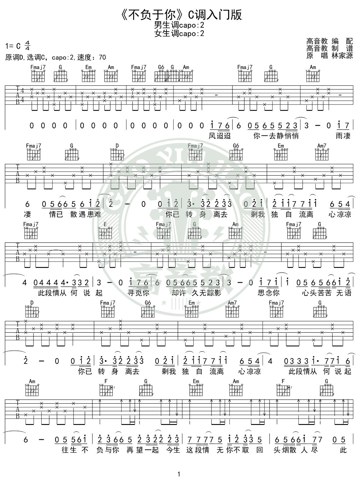 不负于你吉他谱 C调入门版_高音教编配_林家源1