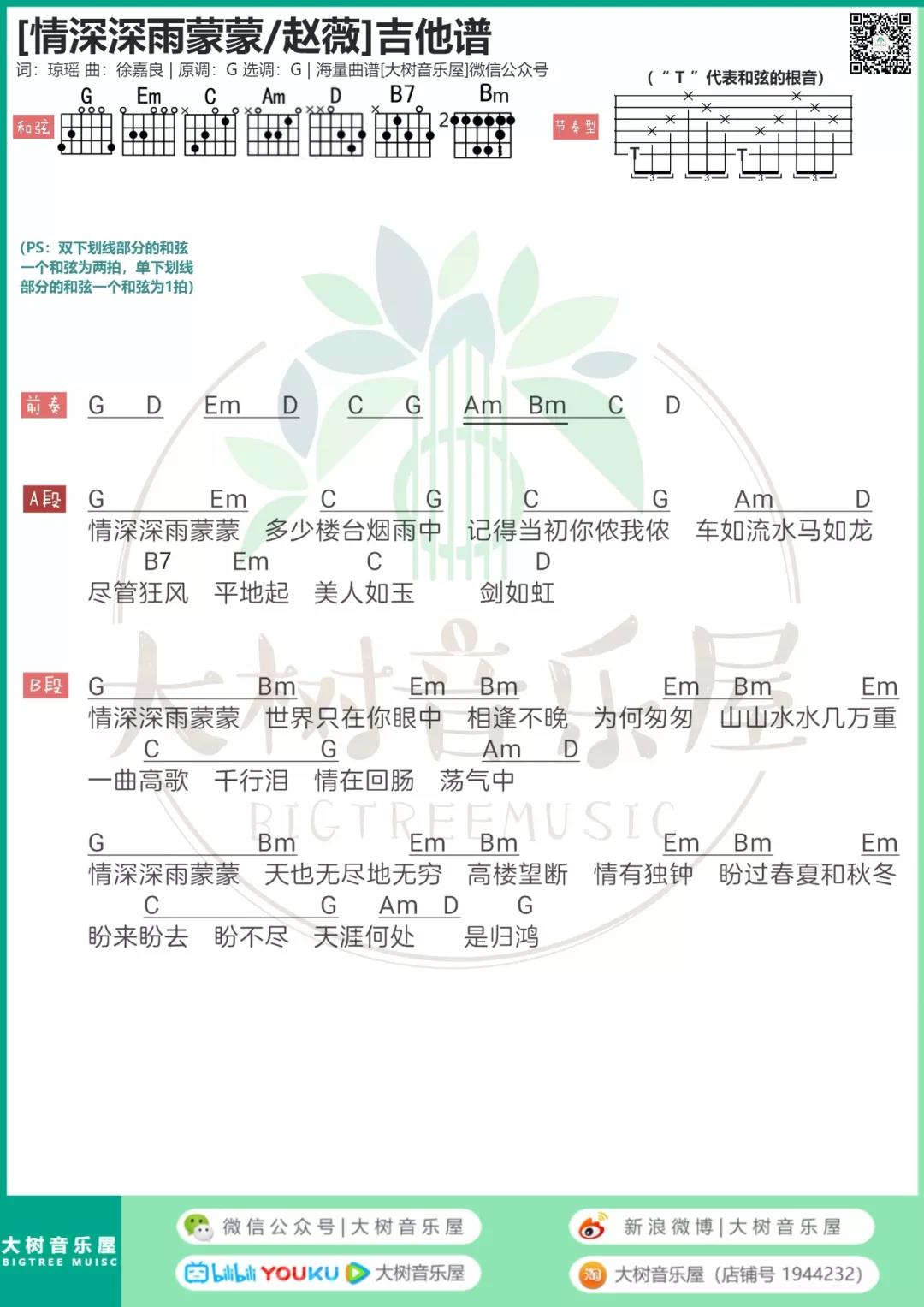 情深深雨蒙蒙吉他谱 G调高清版_大树音乐屋编配_赵薇1