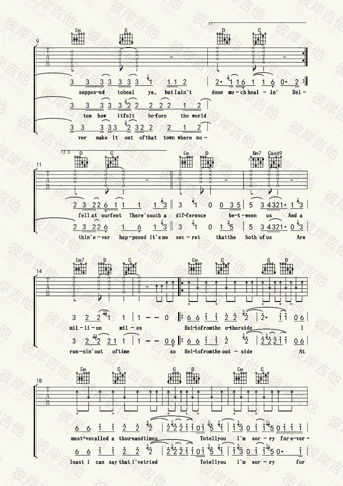 hello吉他谱 G调精选版_彼岸吉他编配_Adele2