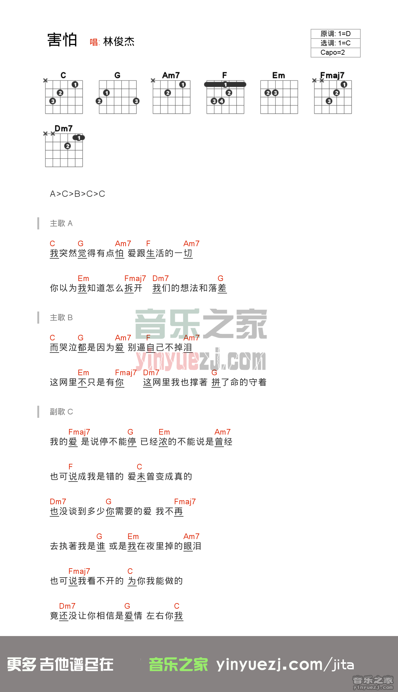 害怕吉他谱 C调和弦谱_音乐之家编配_林俊杰1