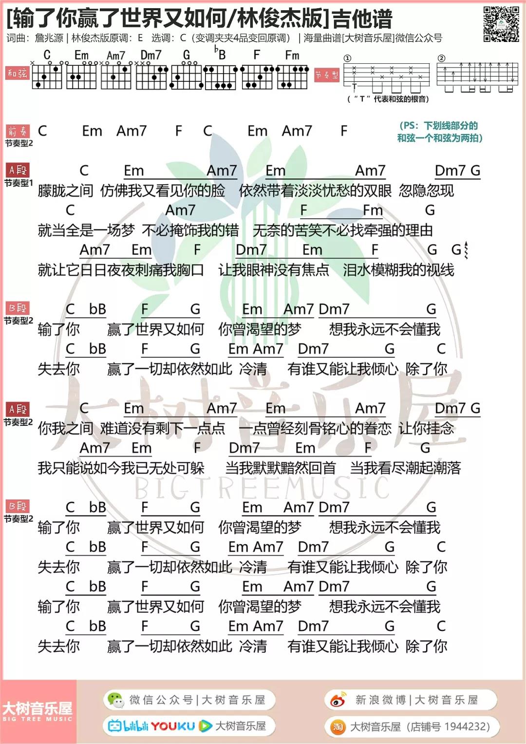 输了你赢了世界又如何吉他谱 C调_大树音乐屋编配_林俊杰1