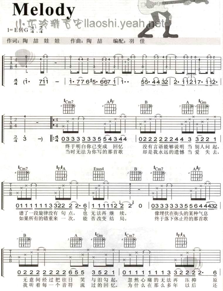 melody吉他谱 G调六线谱_小巧玲珑吉他编配_陶喆1
