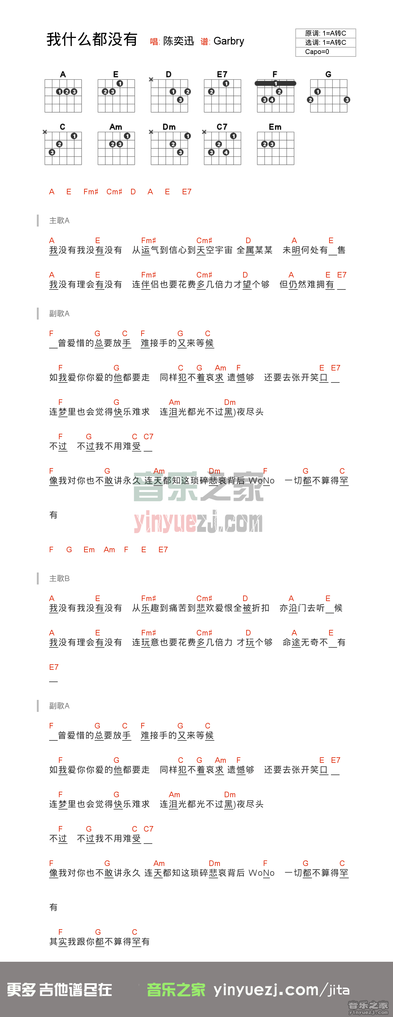 我什么都没有吉他谱 C调和弦谱_音乐之家编配_陈奕迅1