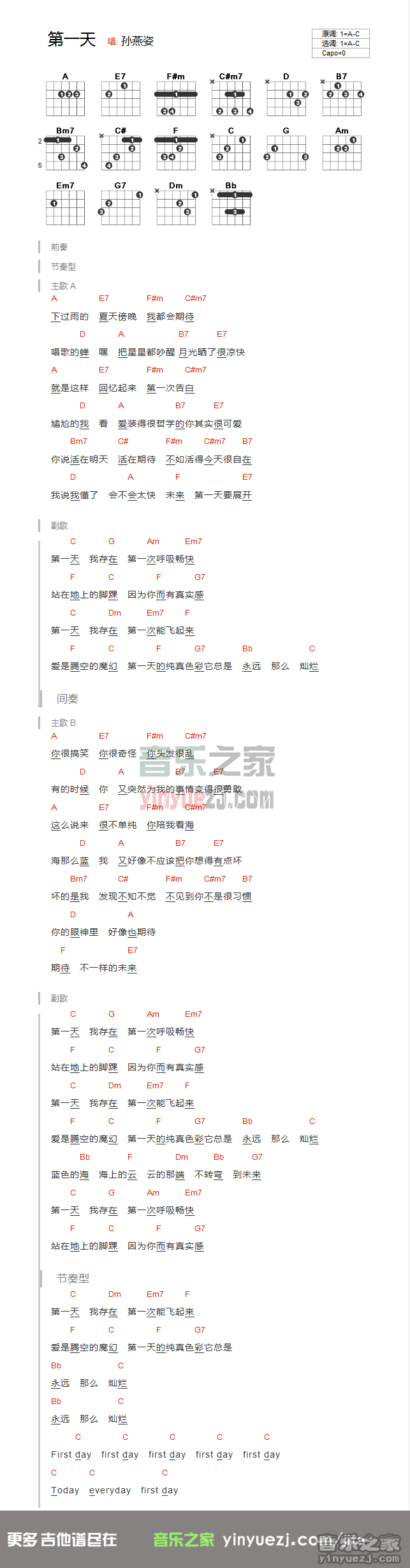 第一天吉他谱 C调和弦谱_音乐之家编配_孙燕姿1