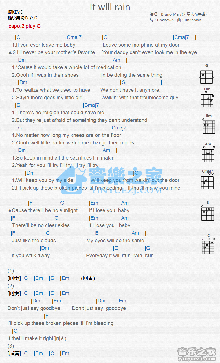 it will rain吉他谱 C调和弦谱_音乐之家编配_Bruno Mars1