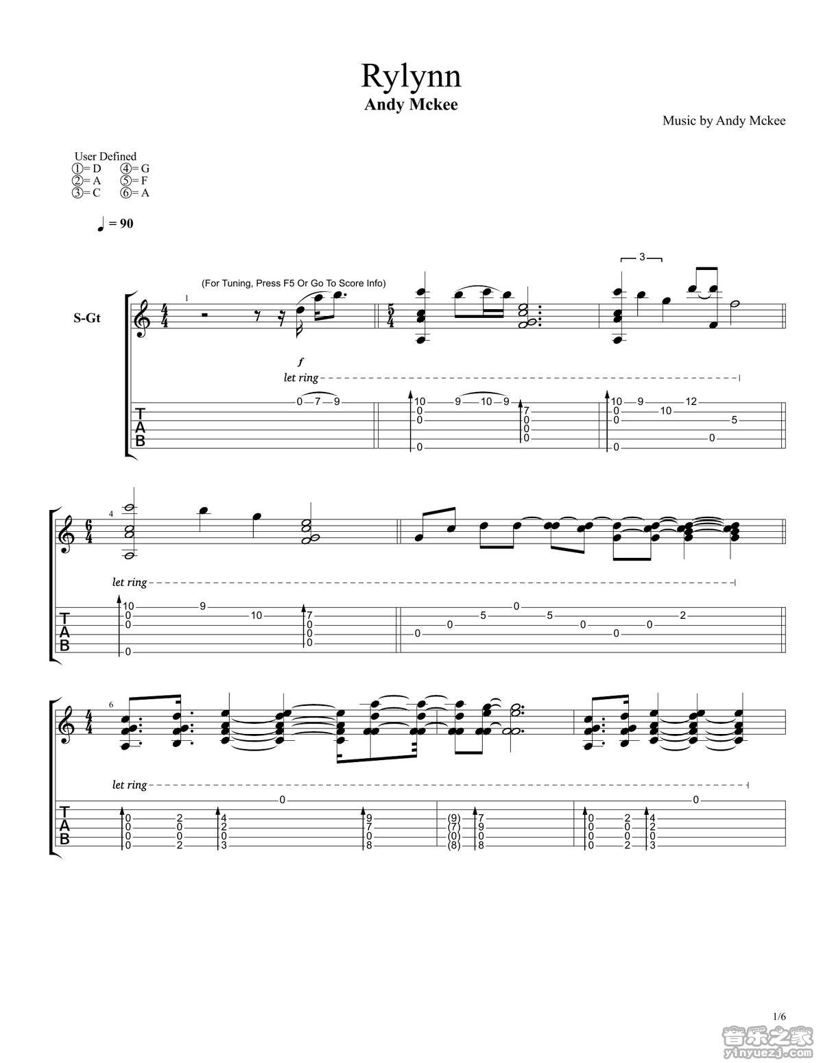 rylynn指弹谱 D调六线谱_音乐之家编配_Andy McKee1