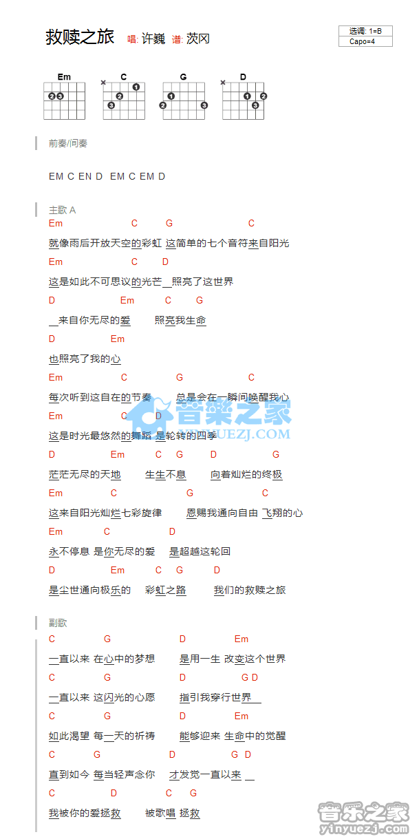 救赎之旅吉他谱 B调和弦谱_音乐之家编配_许巍1