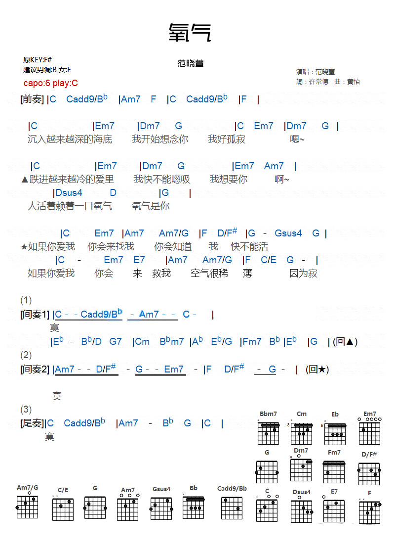 氧气吉他谱 C调和弦谱_女生版_范晓萱1