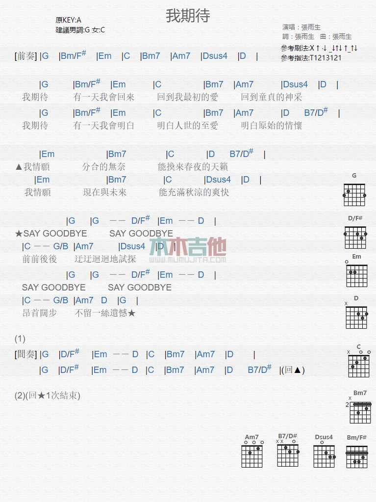 我期待吉他谱 A调和弦谱_木木吉他编配_张雨生1