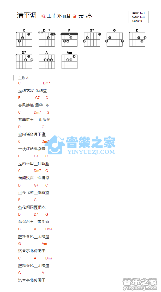 清平调吉他谱 C调和弦谱_音乐之家编配_王菲1