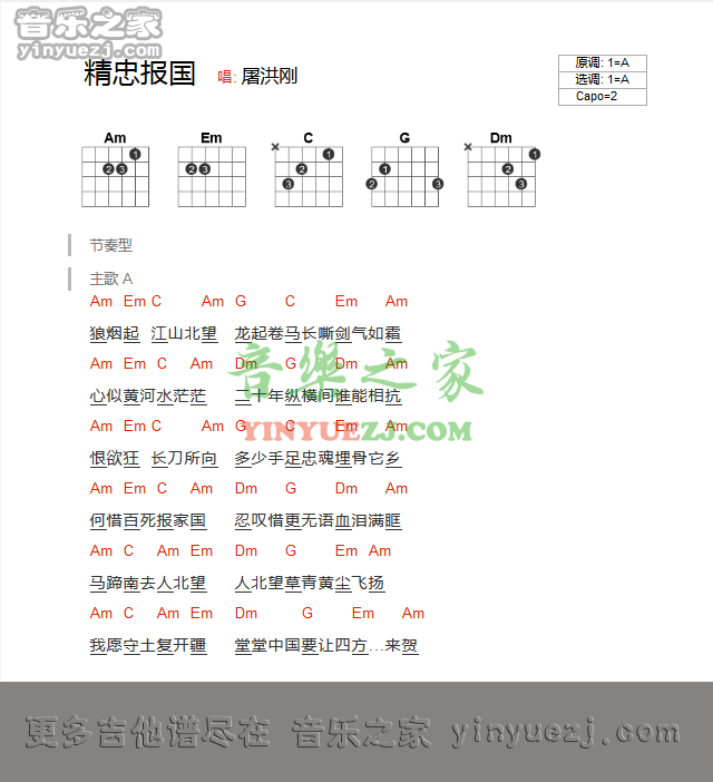 精忠报国吉他谱 A调_音乐之家编配_屠洪刚1