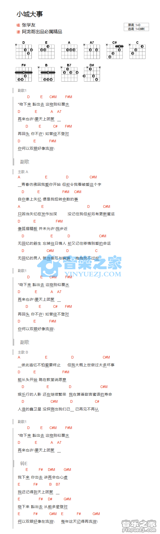 小城大事吉他谱 E调和弦谱_音乐之家编配_张学友1