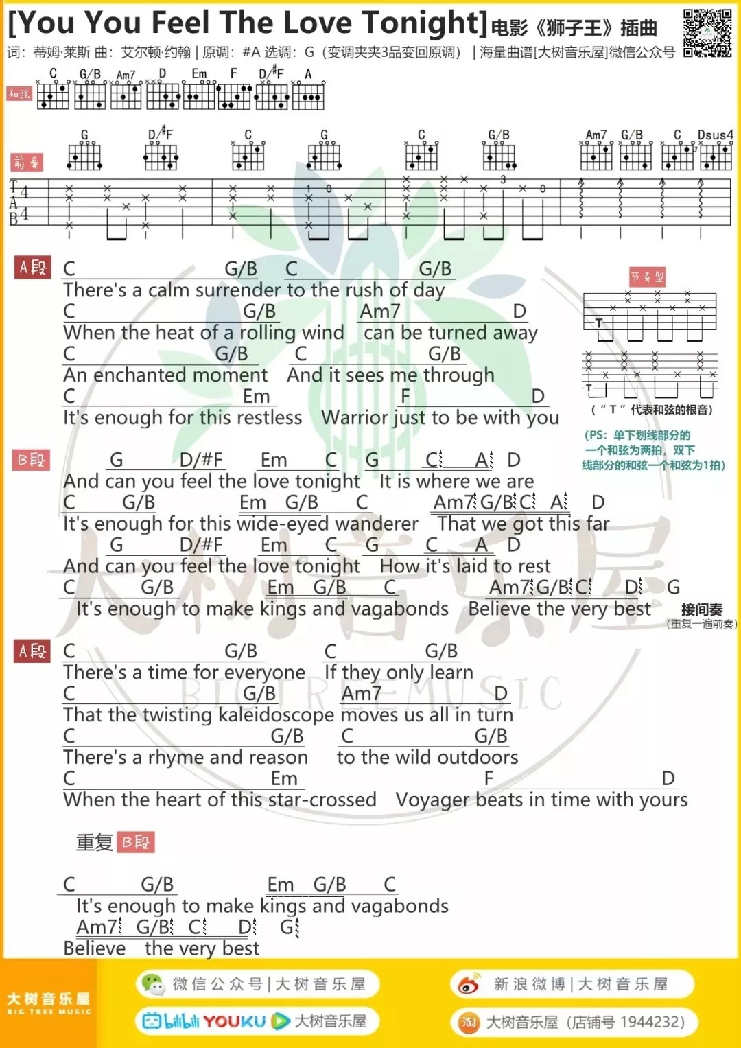 can you feel the love tonight吉他谱 G调和弦谱_大树音乐屋编配_艾尔顿·约翰1