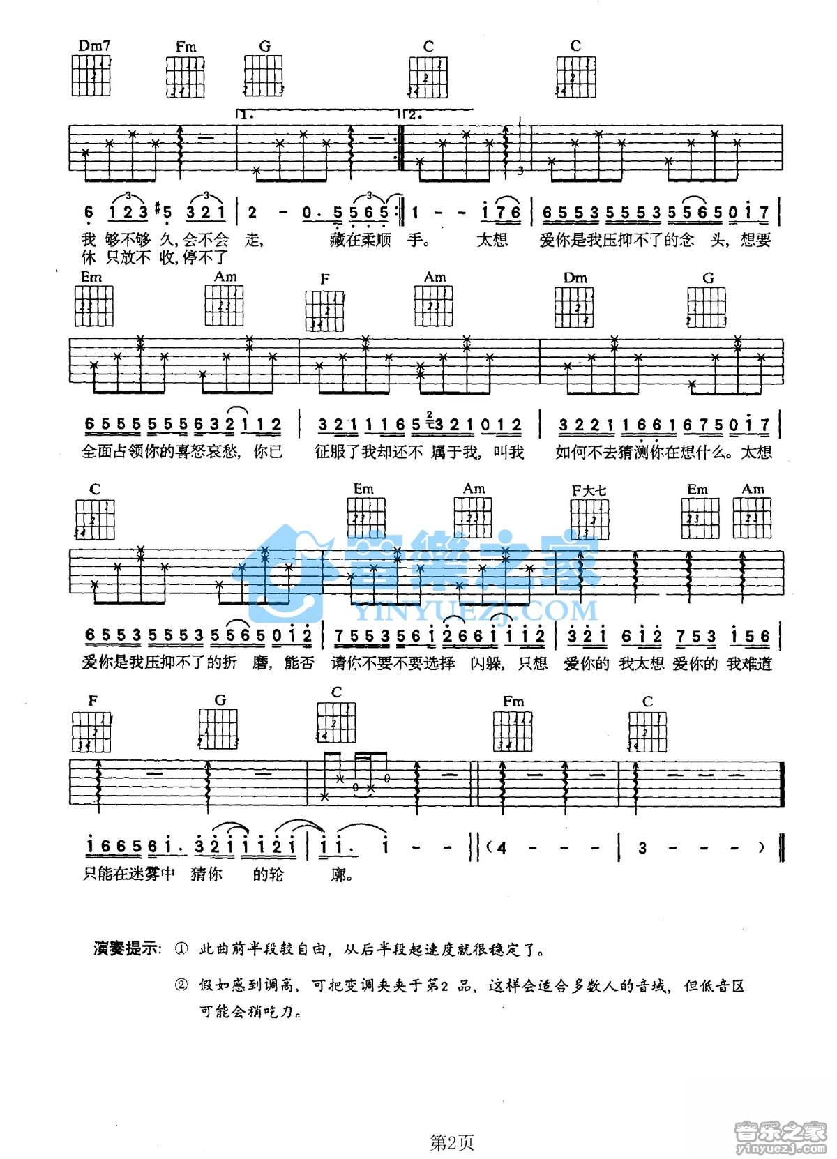 太想爱你吉他谱 C调简单版_音乐之家编配_张信哲2