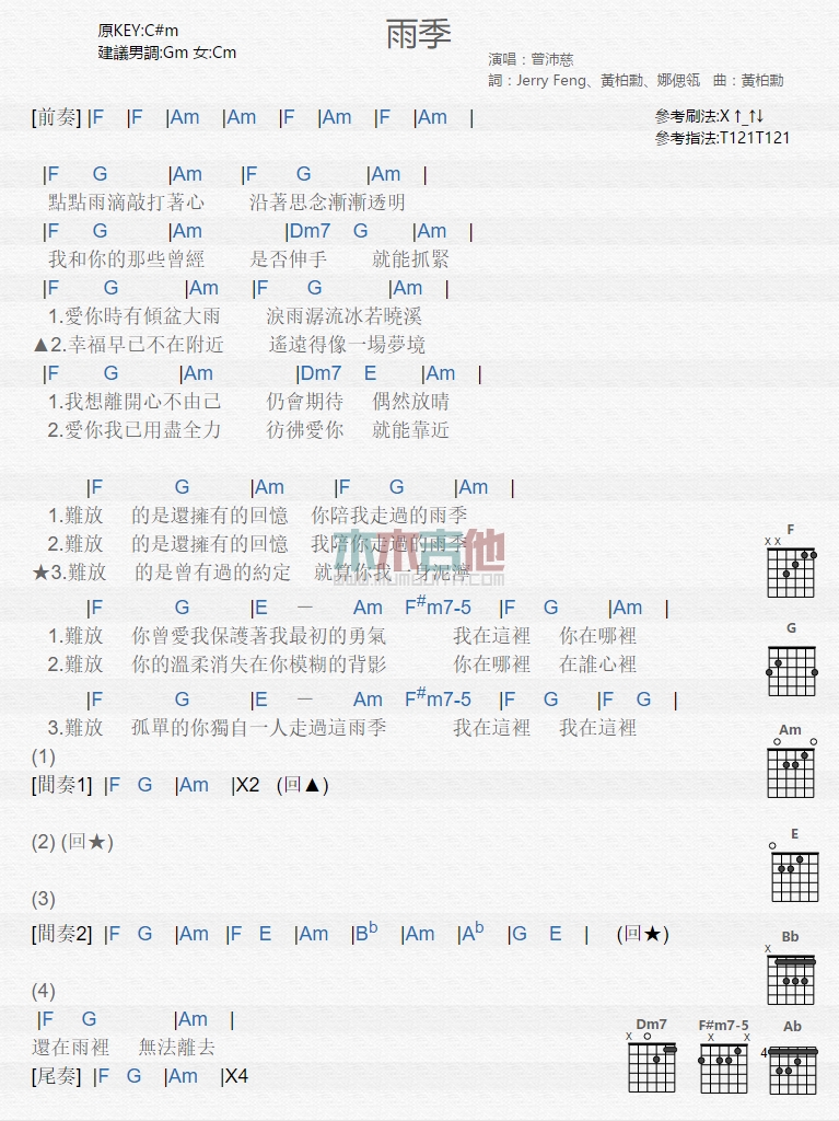 雨季吉他谱 G调和弦谱_木木吉他编配_曾沛慈1