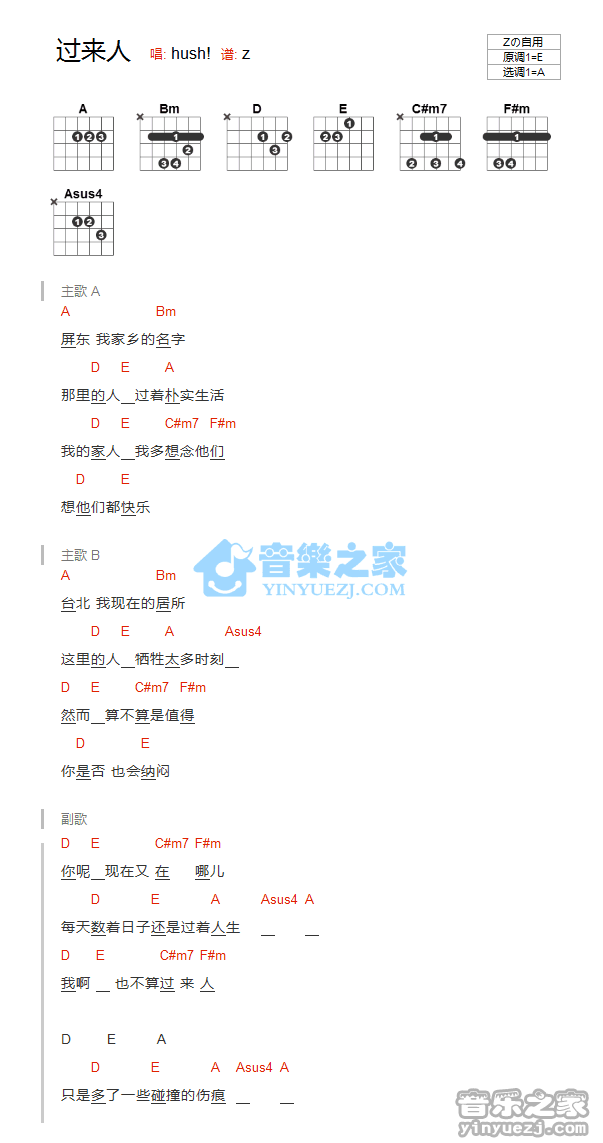 过来人吉他谱 A调和弦谱_音乐之家编配_Hush1