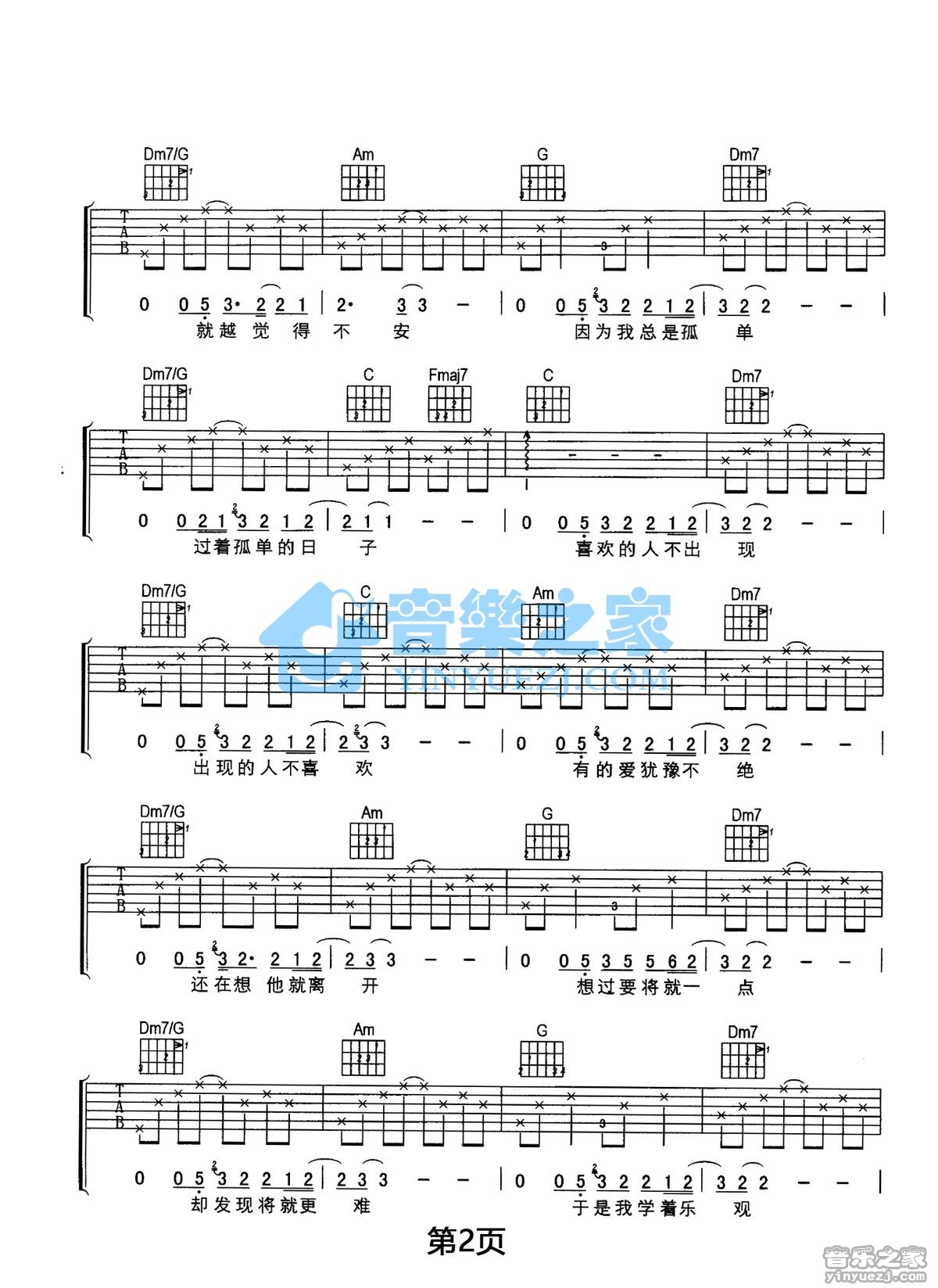一辈子孤单吉他谱 C调简单版_音乐之家编配_刘若英2