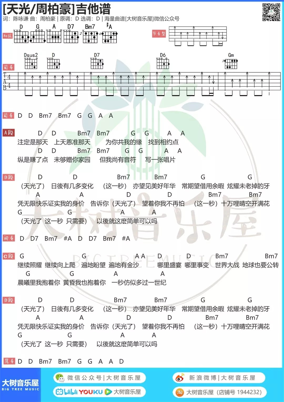 天光吉他谱 D调和弦谱_大树音乐屋编配_周柏豪1