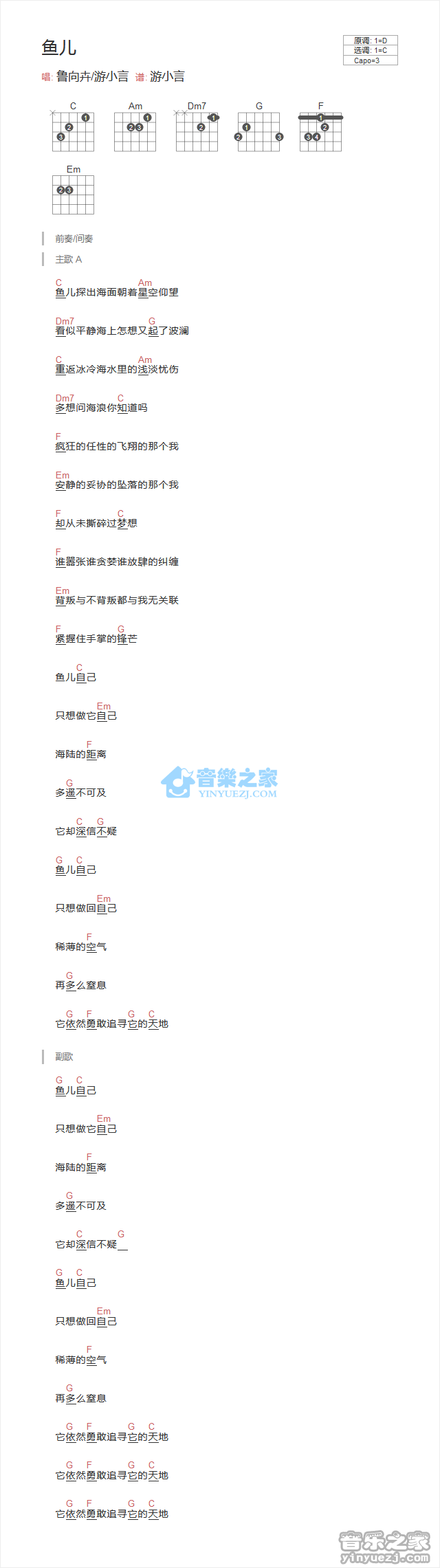鱼儿吉他谱 C调和弦谱_音乐之家编配_鲁向卉1