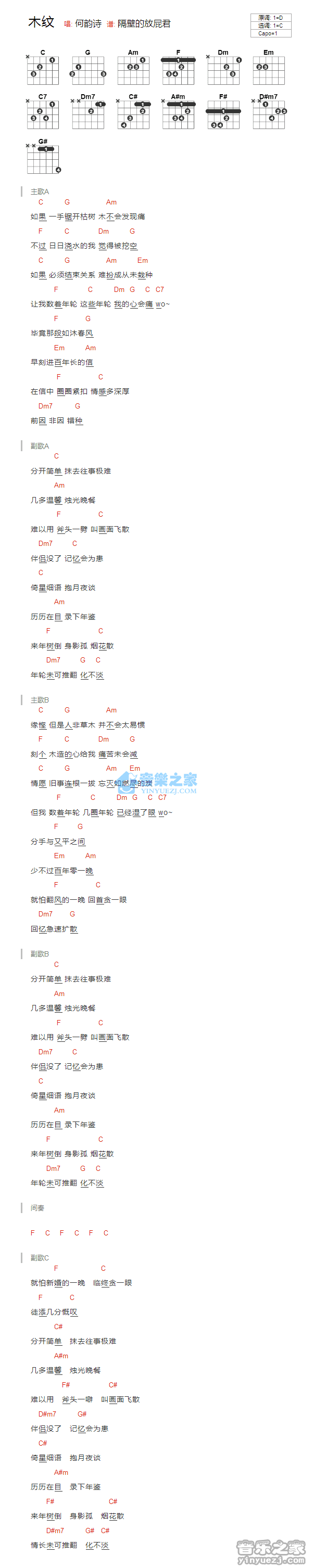 木纹吉他谱 C调和弦谱_音乐之家编配_何韵诗1