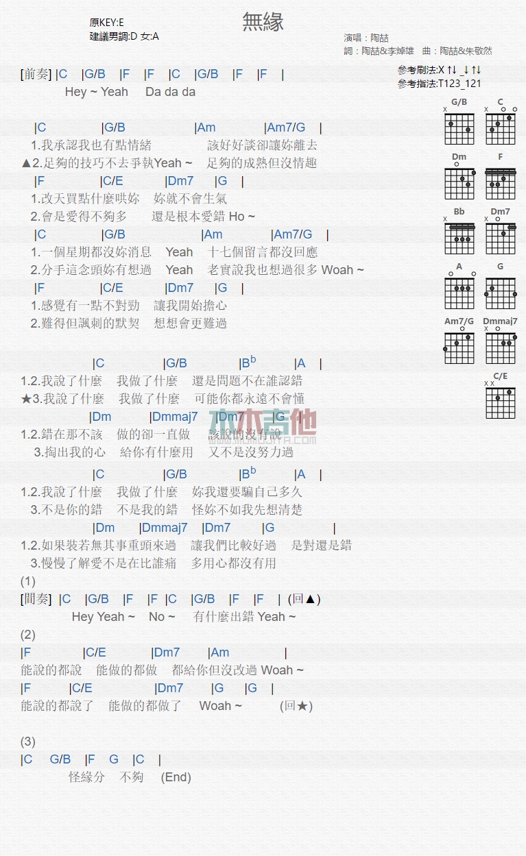 无缘吉他谱 C调和弦谱_木木吉他编配_陶喆1