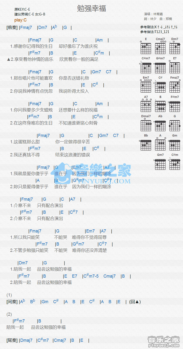 勉强幸福吉他谱 C调和弦谱_音乐之家编配_林宥嘉1