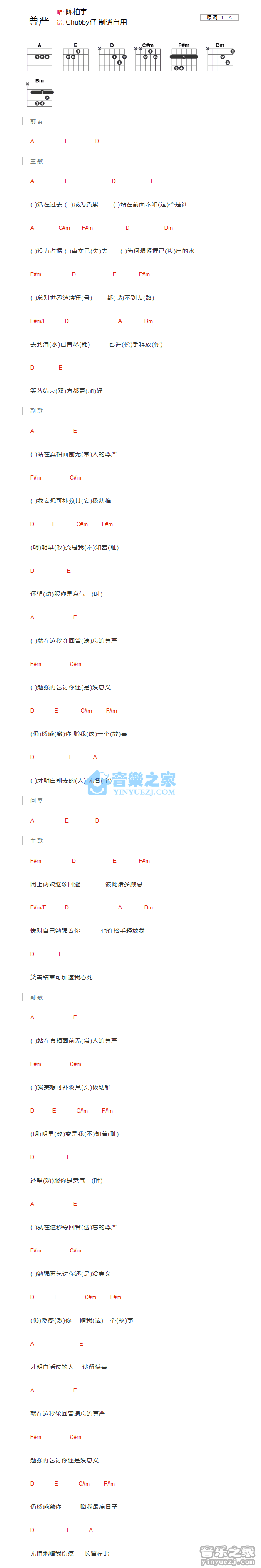 尊严吉他谱 A调和弦谱_音乐之家编配_陈柏宇1