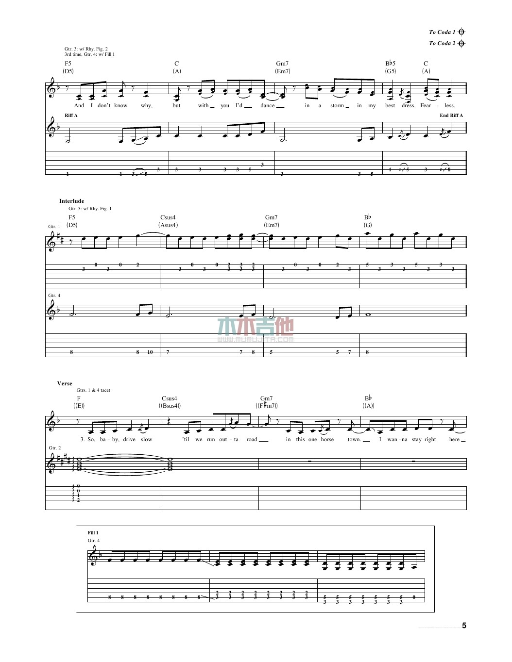 fearless吉他谱 A调女生版_木木吉他编配_Taylor Swift5