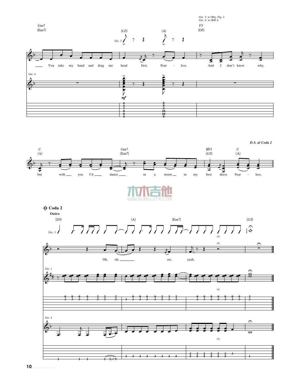 fearless吉他谱 A调女生版_木木吉他编配_Taylor Swift10
