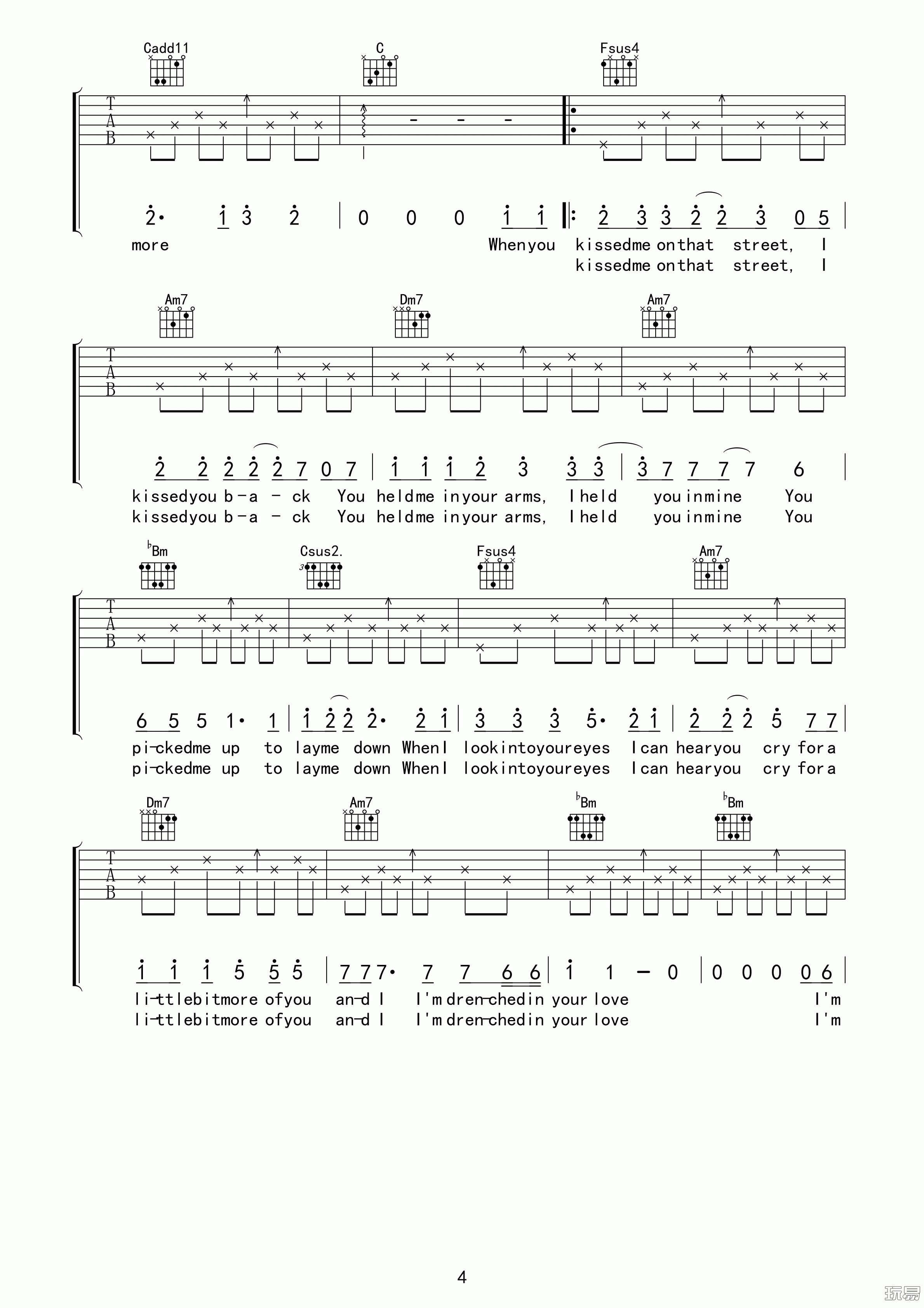 drenched吉他谱 F调高清版_玩易吉他编配_曲婉婷4