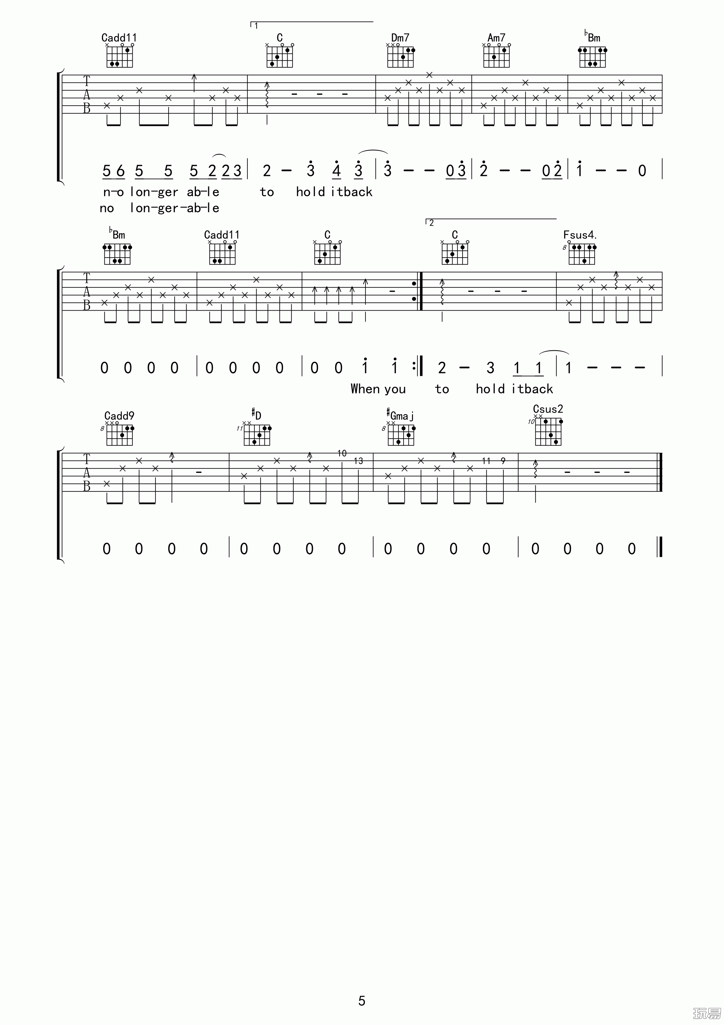 drenched吉他谱 F调高清版_玩易吉他编配_曲婉婷5