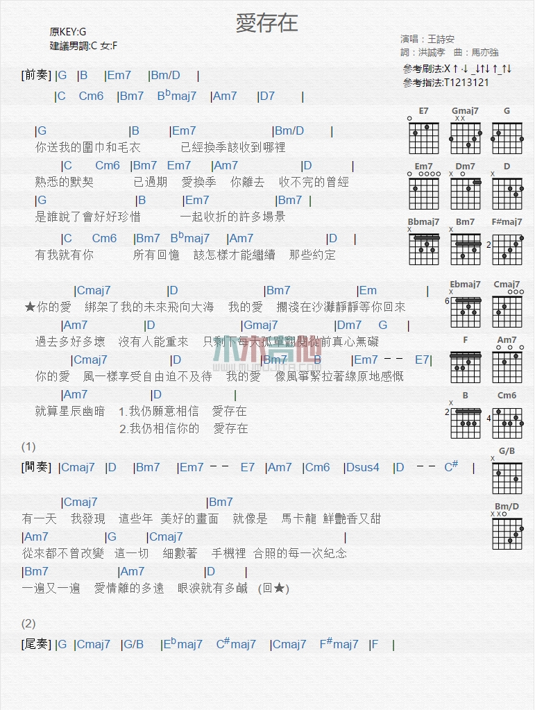 爱存在吉他谱 G调和弦谱_木木吉他编配_王诗安1