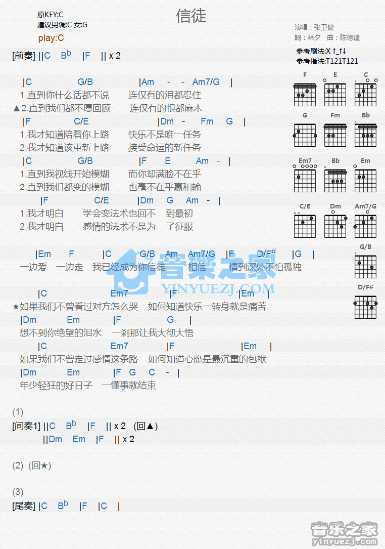 信徒吉他谱 G调和弦谱_音乐之家编配_张卫健1