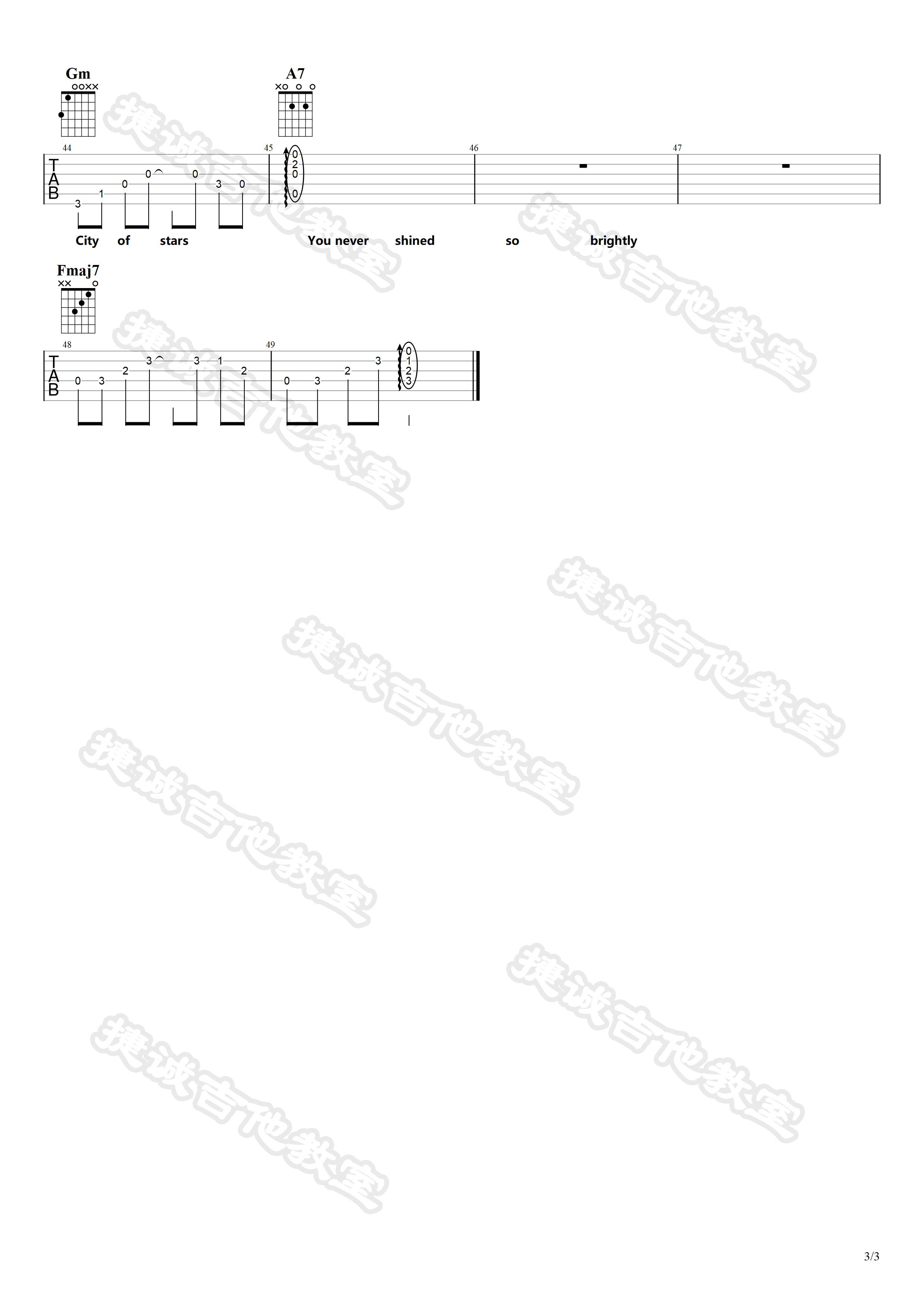 City of stars吉他谱 F调六线谱_捷城吉他教室编配_Ryan Gosling3