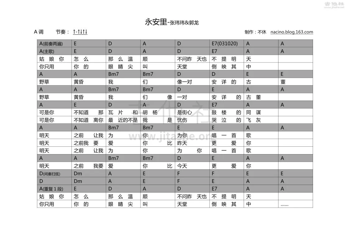 永安里吉他谱 A调男生版_吉他社编配_张玮玮1