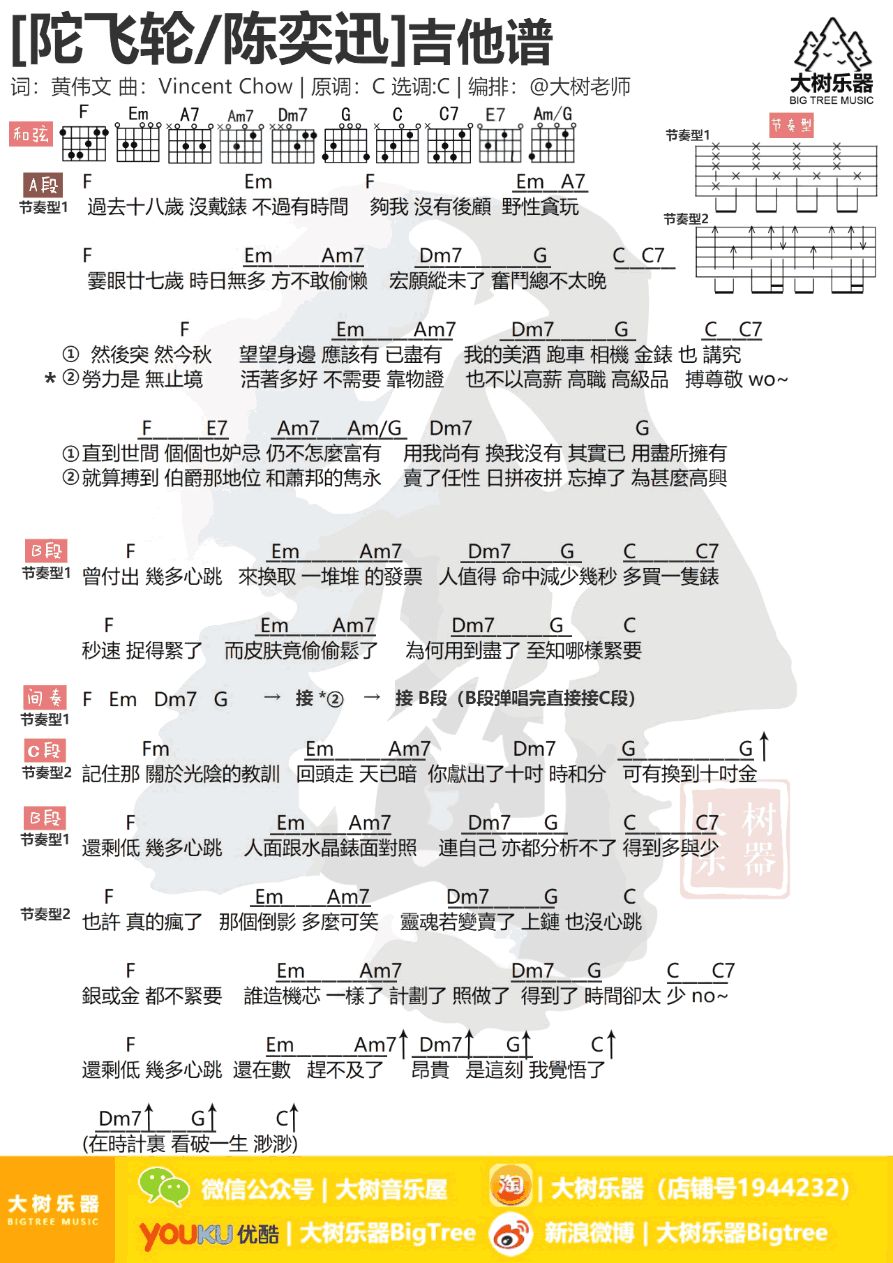 托飞轮吉他谱 C调和弦谱_大树音乐屋编配_陈奕迅1