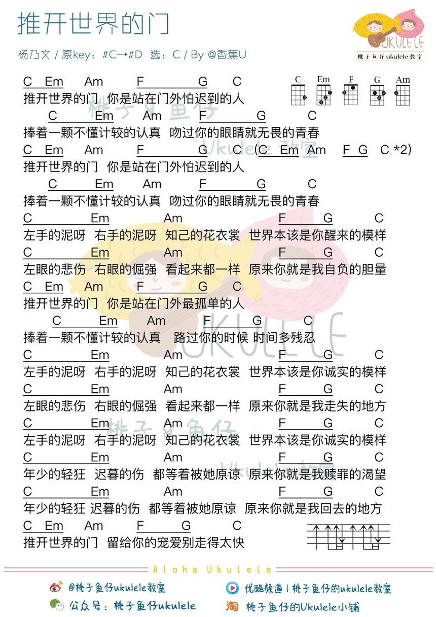推开世界的门吉他谱 C调和弦谱_桃子鱼仔教室编配_杨乃文1
