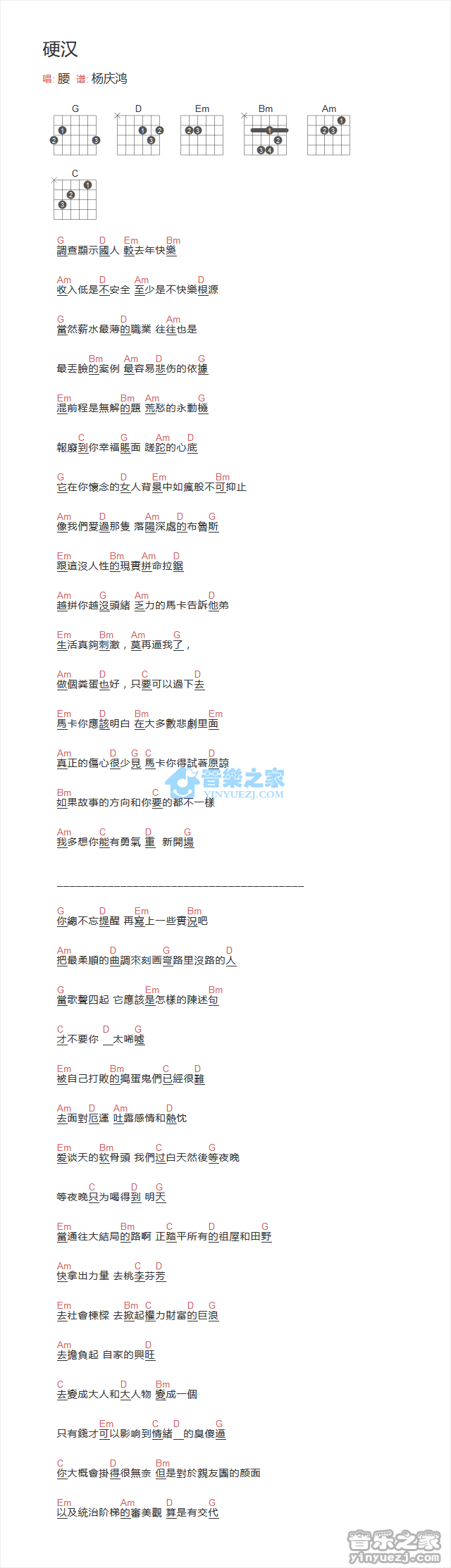 硬汉吉他谱 G调和弦谱_音乐之家编配_腰乐队1