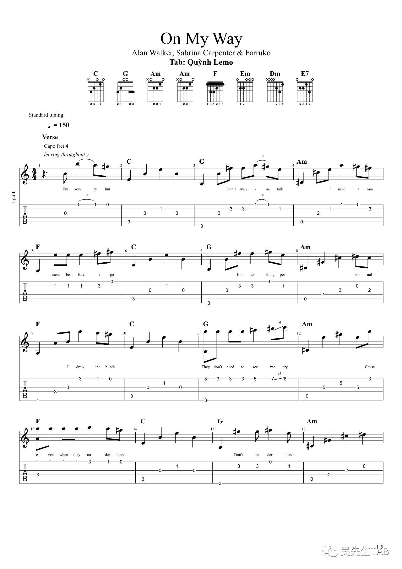 on the way吉他谱 C调高清版_吴先生编配_Alan Walker1