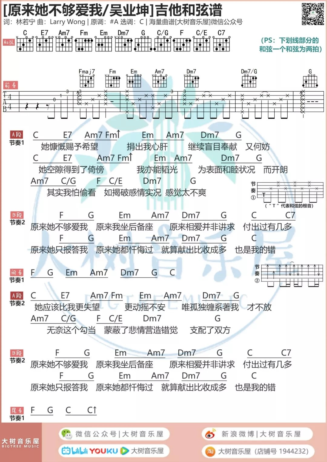 原来她不够爱我吉他谱 C调_大树音乐屋编配_吴业坤1