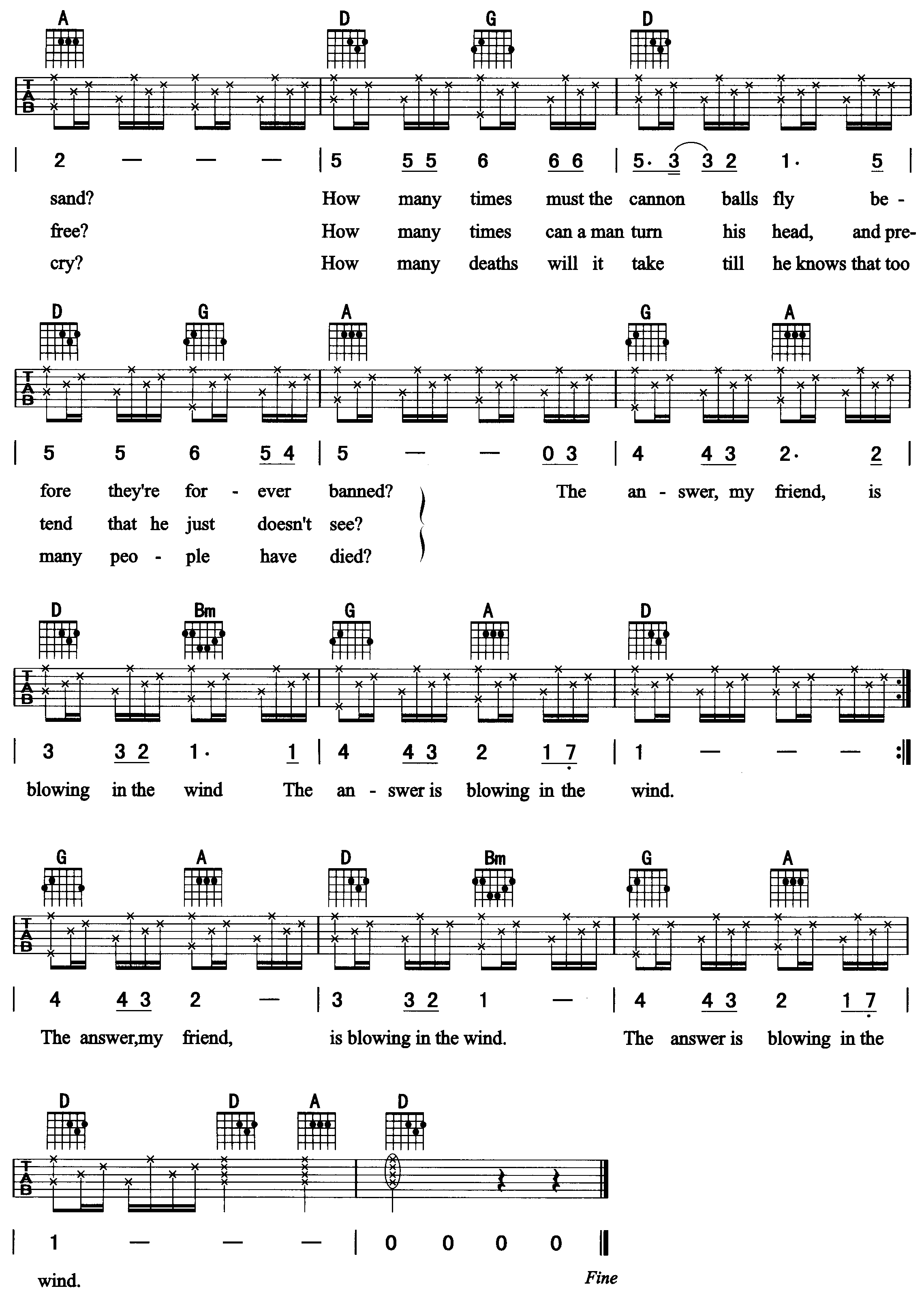Blowing In The Wind吉他谱 D调六线谱_简单版_Bob Dylan2