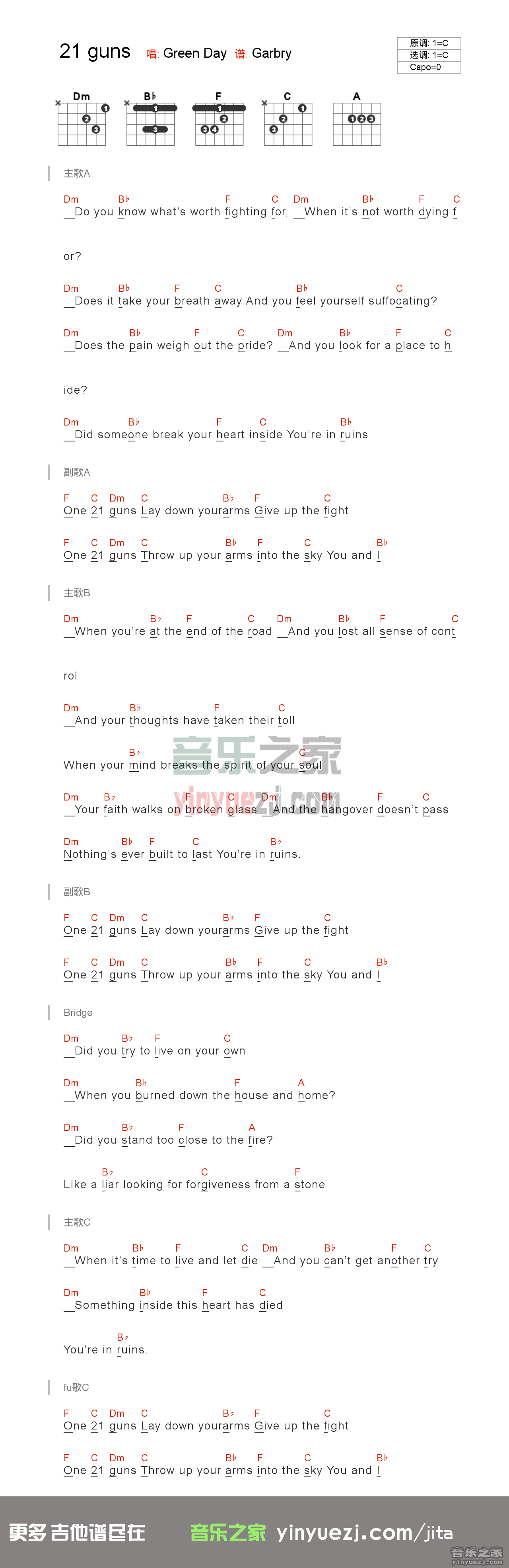 21guns吉他谱 C调_音乐之家编配_Green Day1