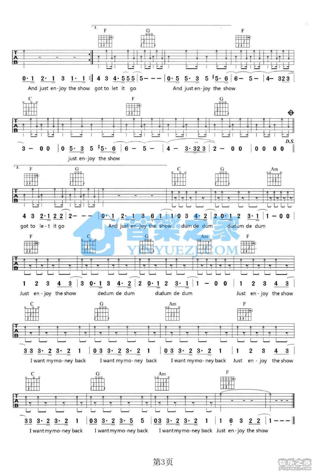 The Show吉他谱 C调简单版_音乐之家编配_Lenka3