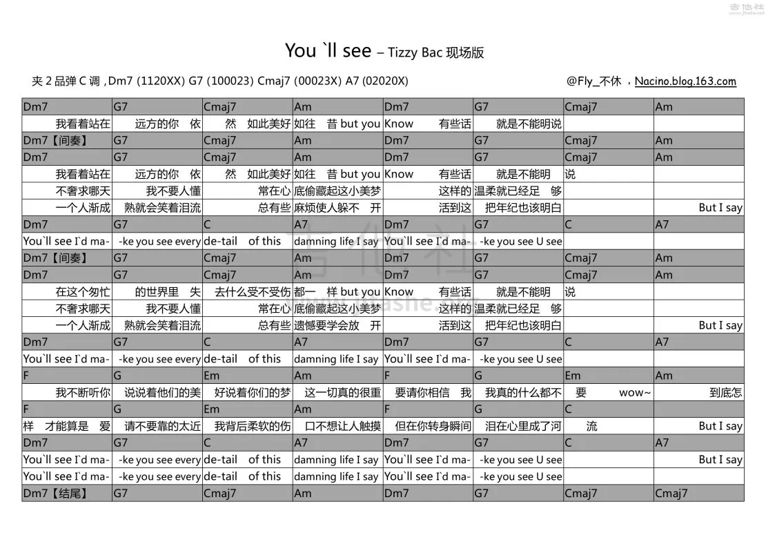 You'll see吉他谱 C调和弦谱_吉他社编配_Tizzy Bac1