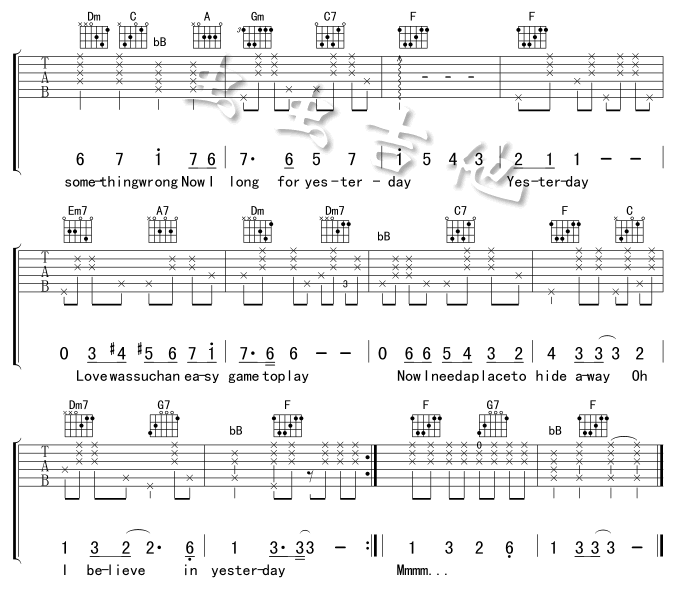 yesterday吉他谱 F调六线谱_虫虫吉他编配_the beatles2