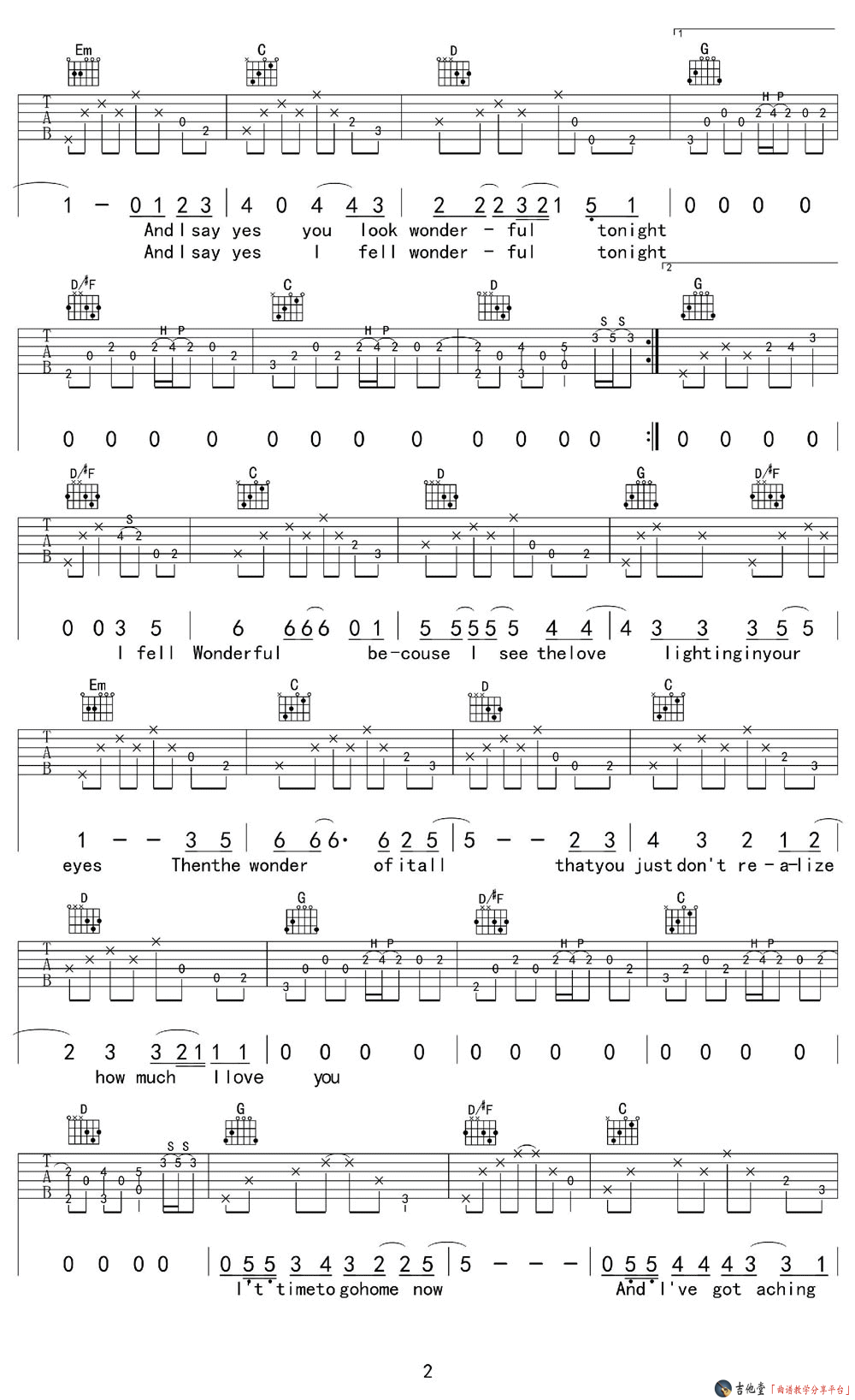 Wonderful Tonight吉他谱 G调附前奏_八音阁编配_Eric Clapton2