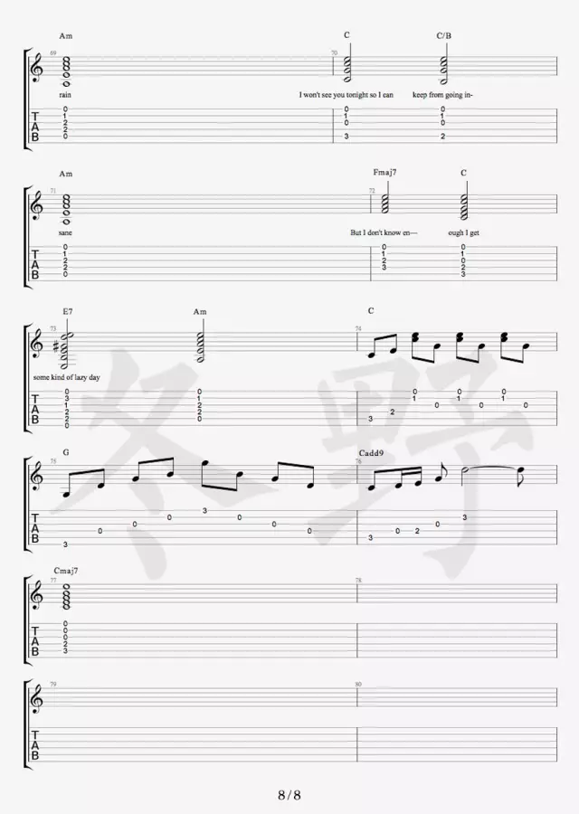 Free Loop吉他谱 原调六线谱_冬野吉他编配_Daniel Powter8