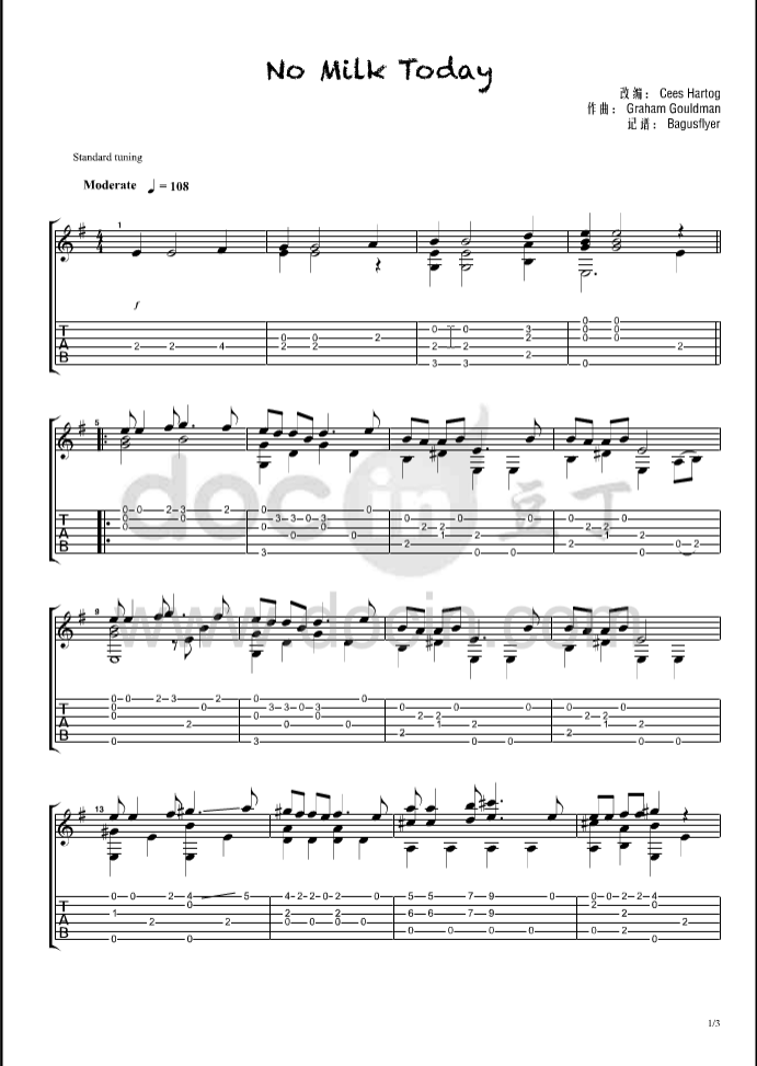 No Milk Today指弹谱 原调六线谱_豆丁网编配_Herman's Hermits1
